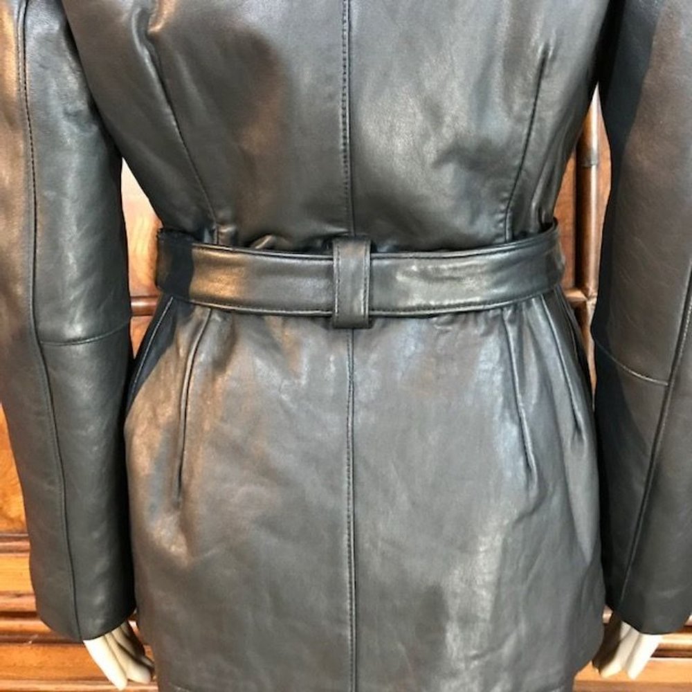 Kasper Genuine Leather Belted Removable Faux Fur Collar Coat - Picture 10 of 16